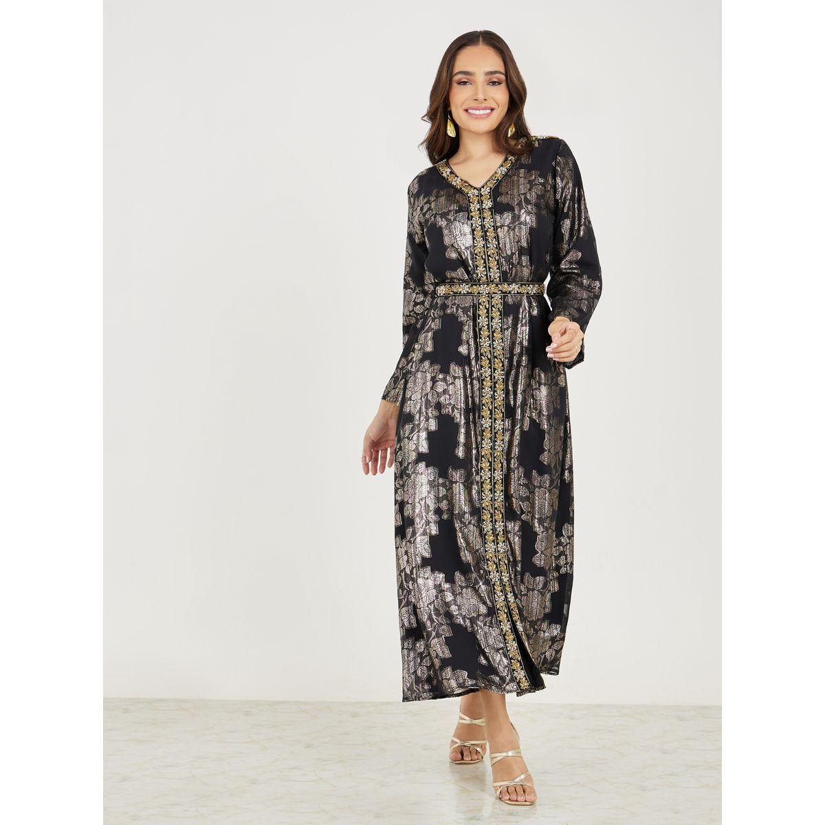 قفطان بتفاصيل مُطرّزة بالخرز مع حزام-women-arabicclothing-kaftan-image-1