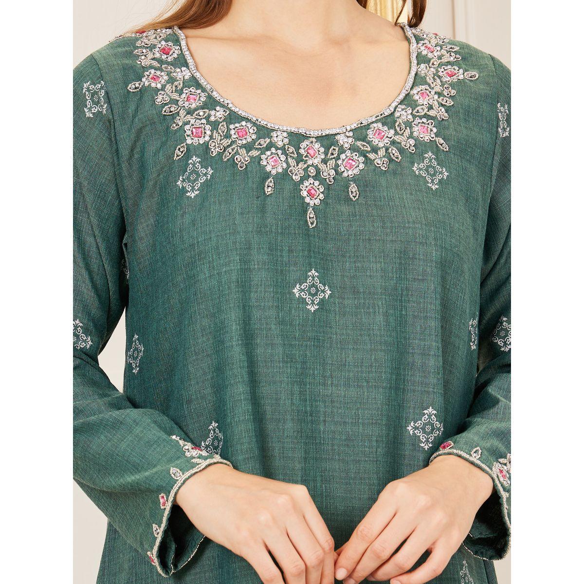 Amirah X Styli Cotton Beaded Detail Printed Jalabiya-women-arabicclothing-jalabiyas-image-3