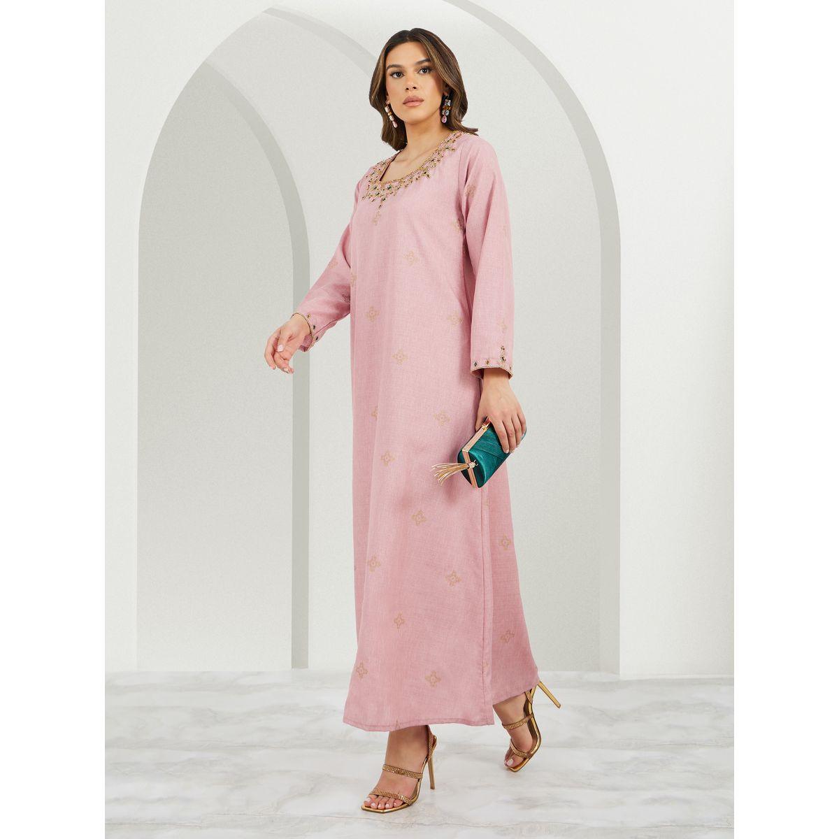 Embroidered Detail Round Neck Jalabiya-women-arabicclothing-jalabiyas-image-1