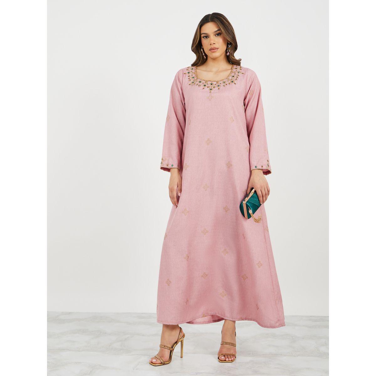 Embroidered Detail Round Neck Jalabiya-women-arabicclothing-jalabiyas-image-2