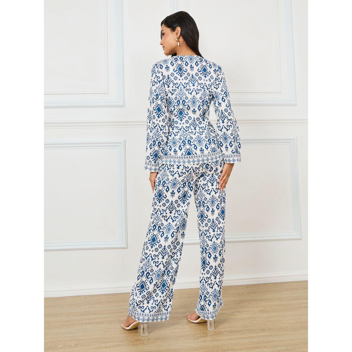 مجموعة من بنطال مع بلوزة بنمط لف وطبعة هندسية-women-clothing-coordsets-image-6