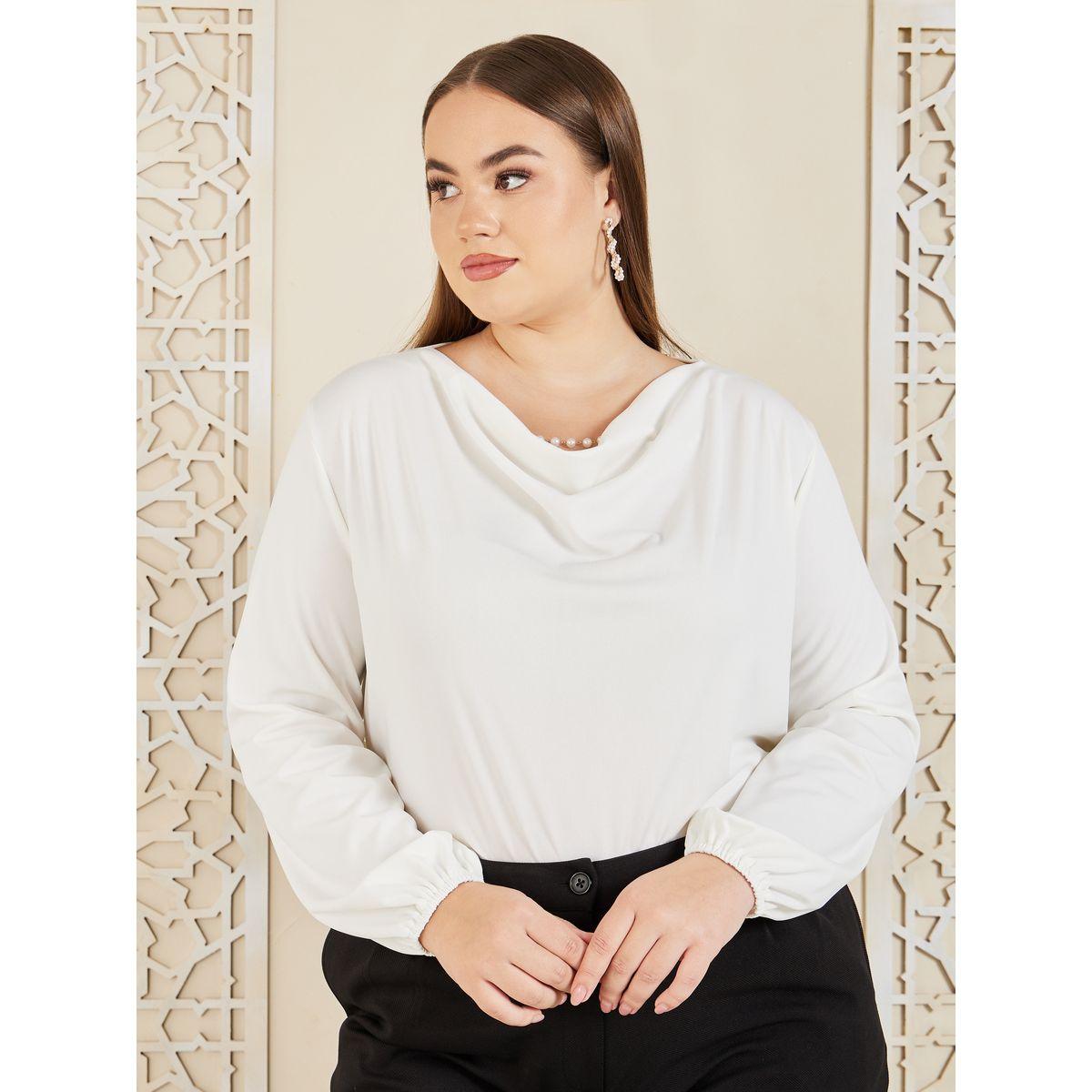 بلوزة بمقاس كبير مع ياقة منسدلة واكمام طويلة-women-clothing-shirtsandblouses-blouses-image-1