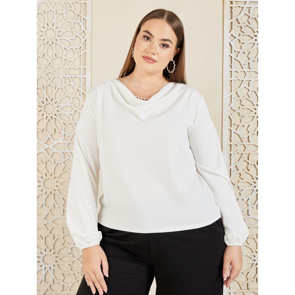 بلوزة بمقاس كبير مع ياقة منسدلة واكمام طويلة-women-clothing-shirtsandblouses-blouses-image-2