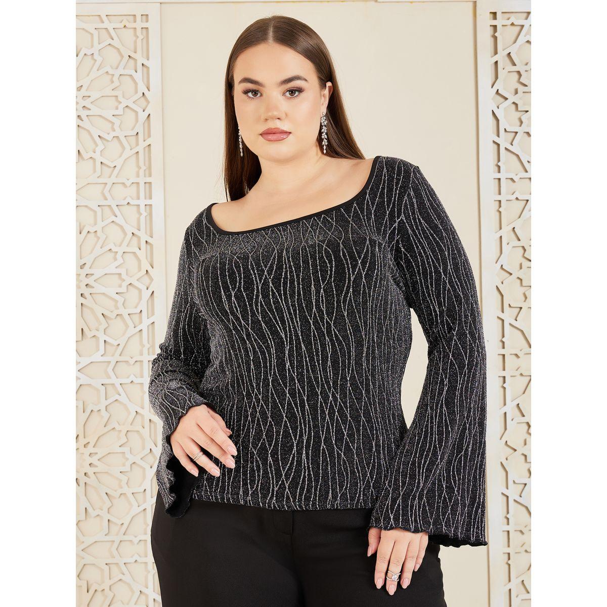 Styli Plus Embellished Abstract Textured Bell Sleeve Fitted Knit Top-women-clothing-shirtsandblouses-blouses-image-1