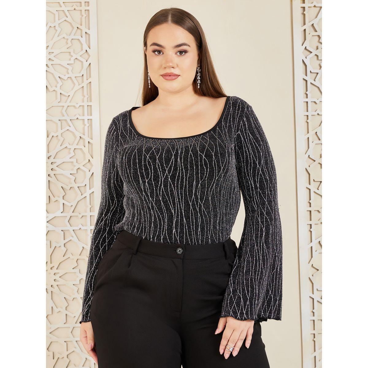 Styli Plus Embellished Abstract Textured Bell Sleeve Fitted Knit Top-women-clothing-shirtsandblouses-blouses-image-2