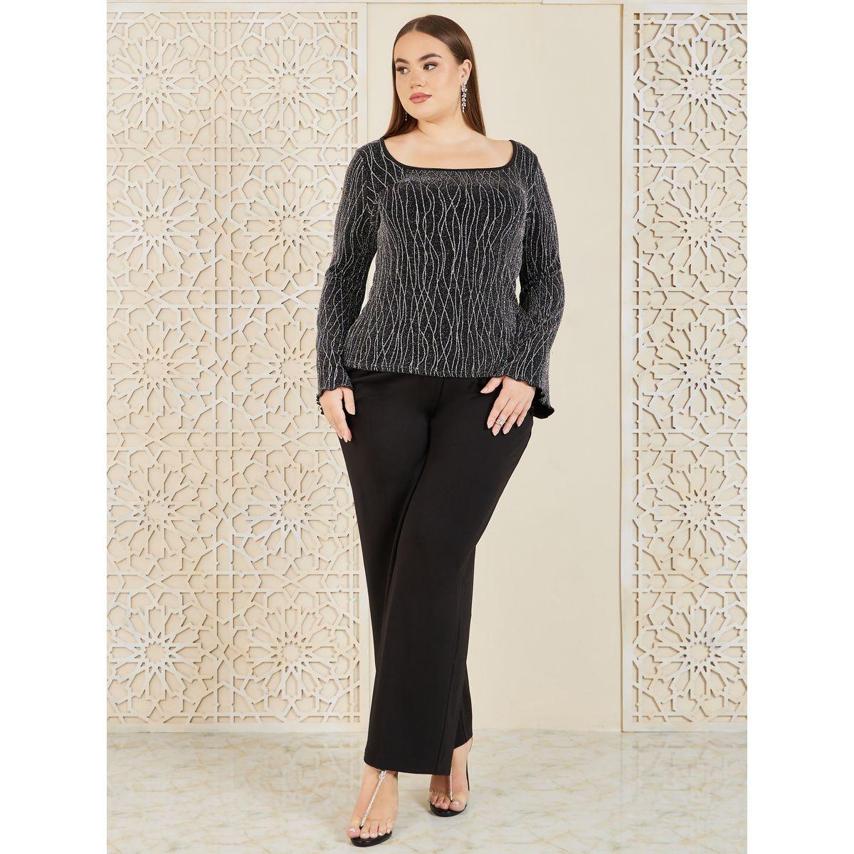Styli Plus Embellished Abstract Textured Bell Sleeve Fitted Knit Top-women-clothing-shirtsandblouses-blouses-image-3