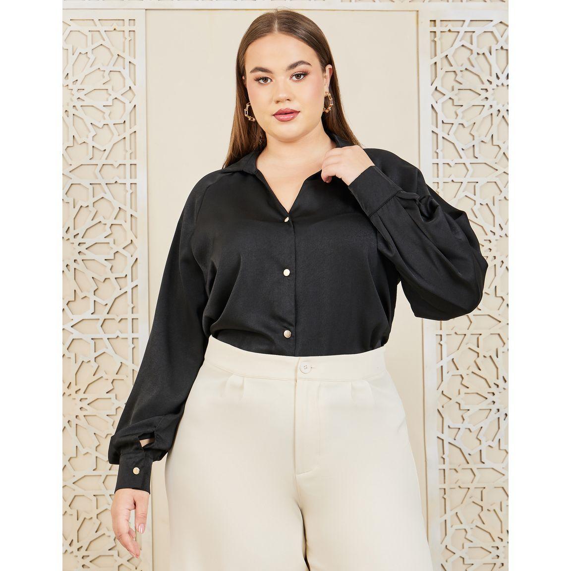 Styli Plus Satin V Neck Collared Long Sleeve Shirt-women-clothing-shirtsandblouses-shirts-image-1