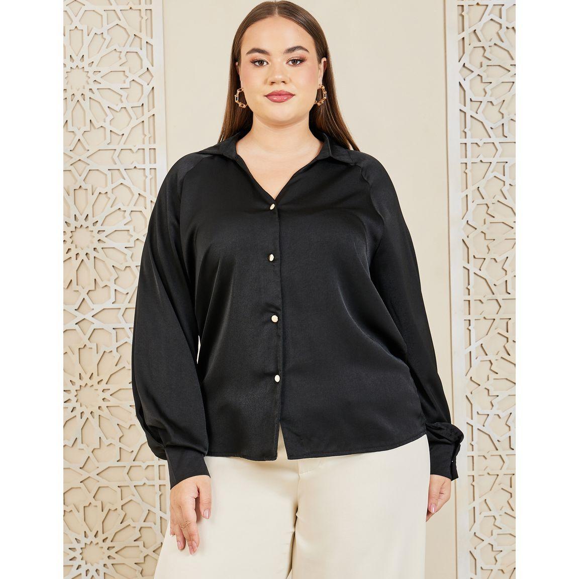 Styli Plus Satin V Neck Collared Long Sleeve Shirt-women-clothing-shirtsandblouses-shirts-image-2
