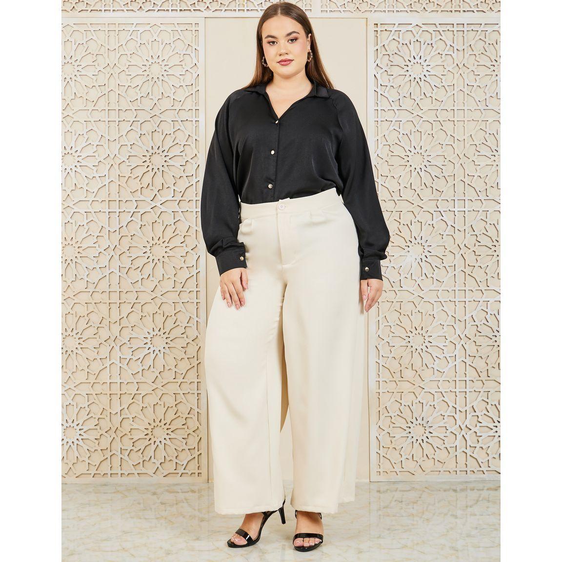 Styli Plus Satin V Neck Collared Long Sleeve Shirt-women-clothing-shirtsandblouses-shirts-image-3