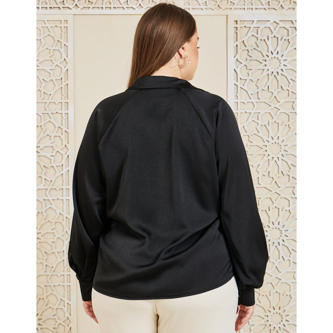 Styli Plus Satin V Neck Collared Long Sleeve Shirt-women-clothing-shirtsandblouses-shirts-image-5