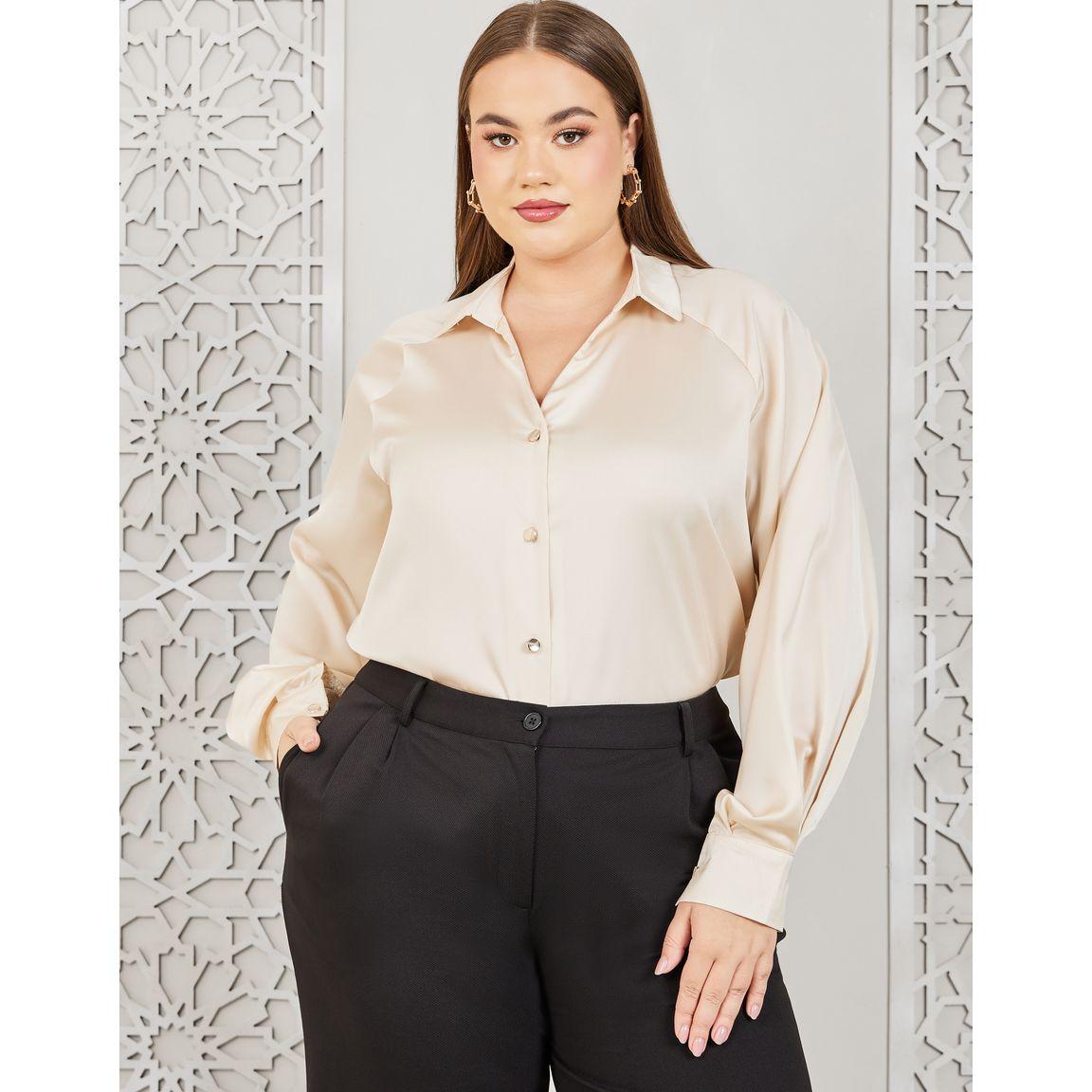 Styli Plus Satin V Neck Collared Long Sleeve Shirt-women-clothing-shirtsandblouses-shirts-image-1