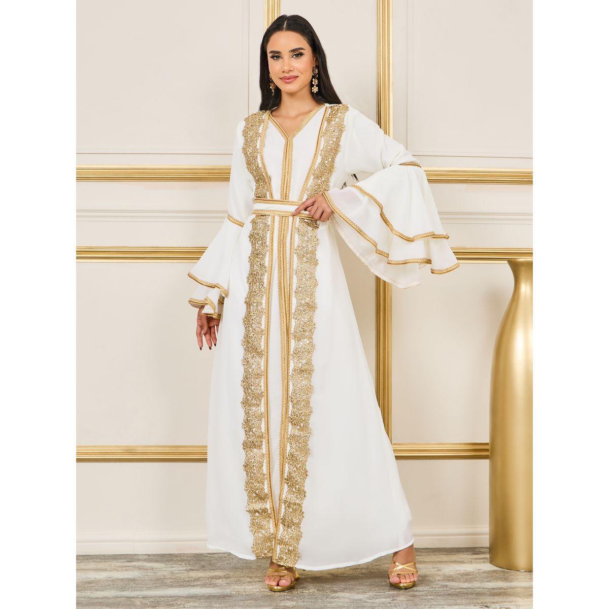 Styli Handwork Lace Embroidered Rhinestone Detail Kaftan with Layer Sleeves-women-arabicclothing-kaftan-image-1