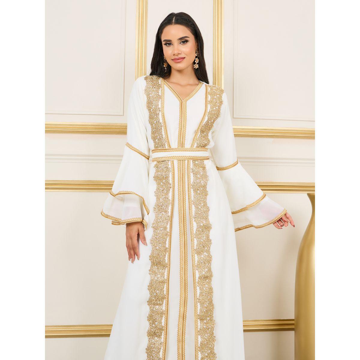 Styli Handwork Lace Embroidered Rhinestone Detail Kaftan with Layer Sleeves-women-arabicclothing-kaftan-image-2
