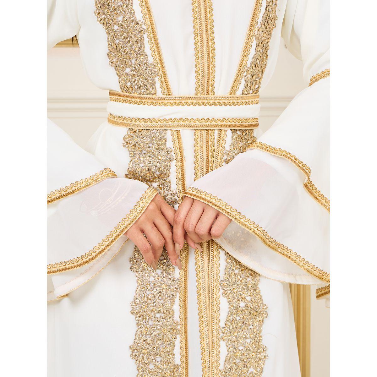Styli Handwork Lace Embroidered Rhinestone Detail Kaftan with Layer Sleeves-women-arabicclothing-kaftan-image-3