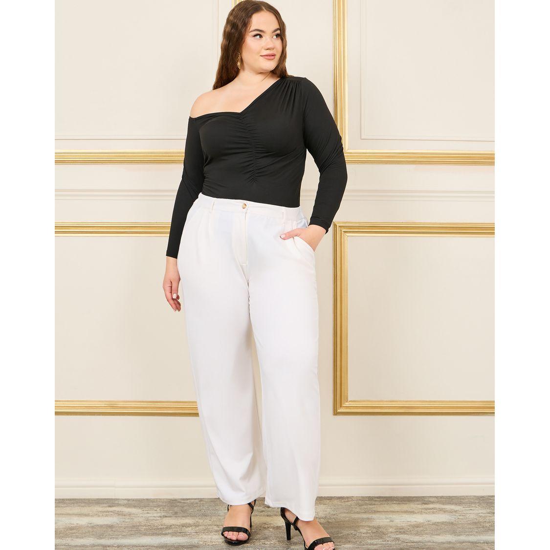 Styli Plus Asymmetric Neck Ruched Detail Bodysuit-women-clothing-tshirts-image-2