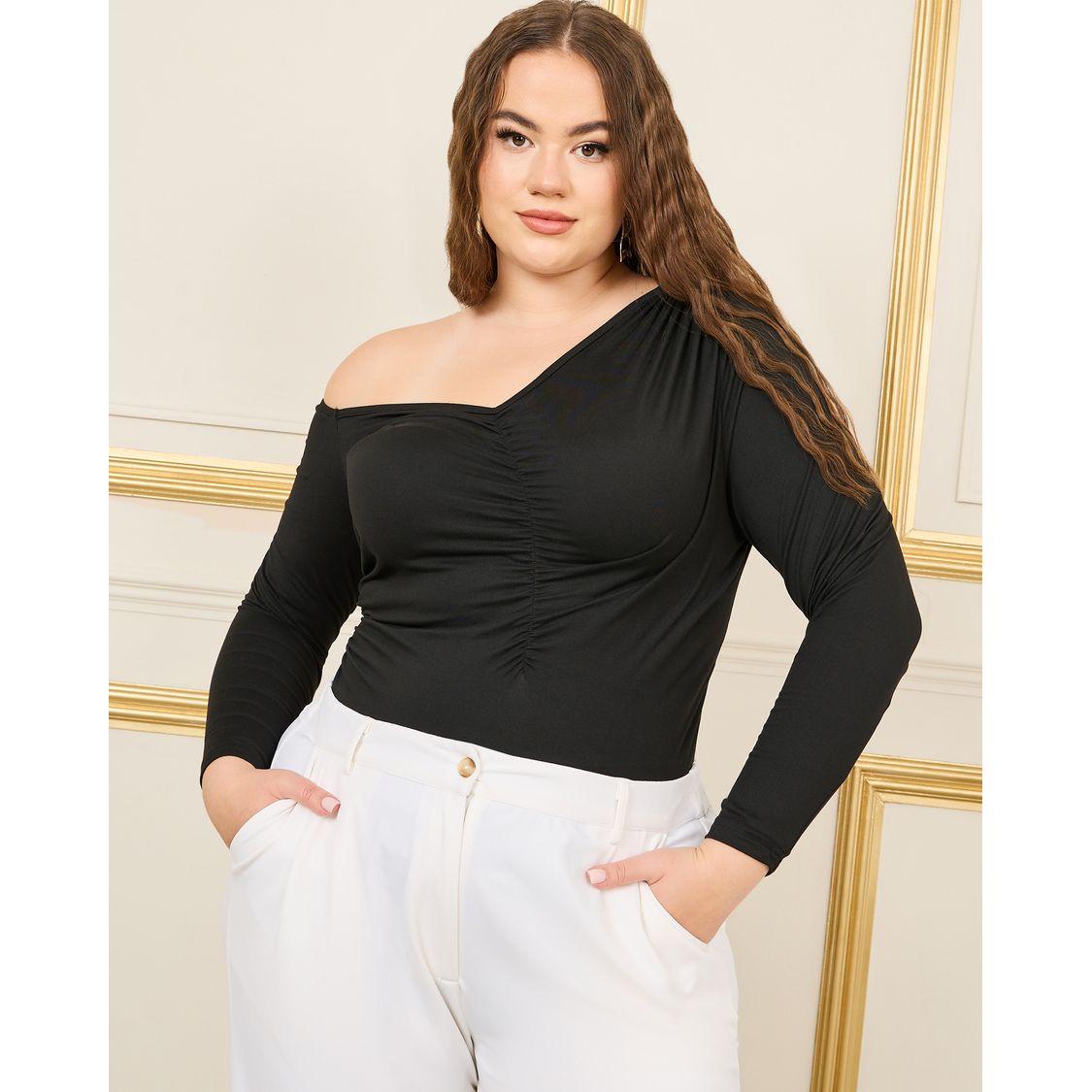 Styli Plus Asymmetric Neck Ruched Detail Bodysuit-women-clothing-tshirts-image-3