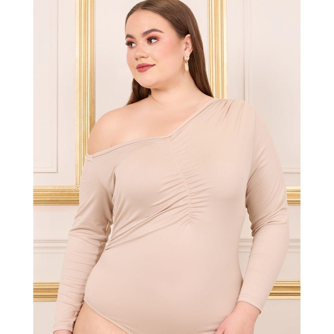 Styli Plus Asymmetric Neck Ruched Detail Bodysuit-women-clothing-shirtsandblouses-blouses-image-1