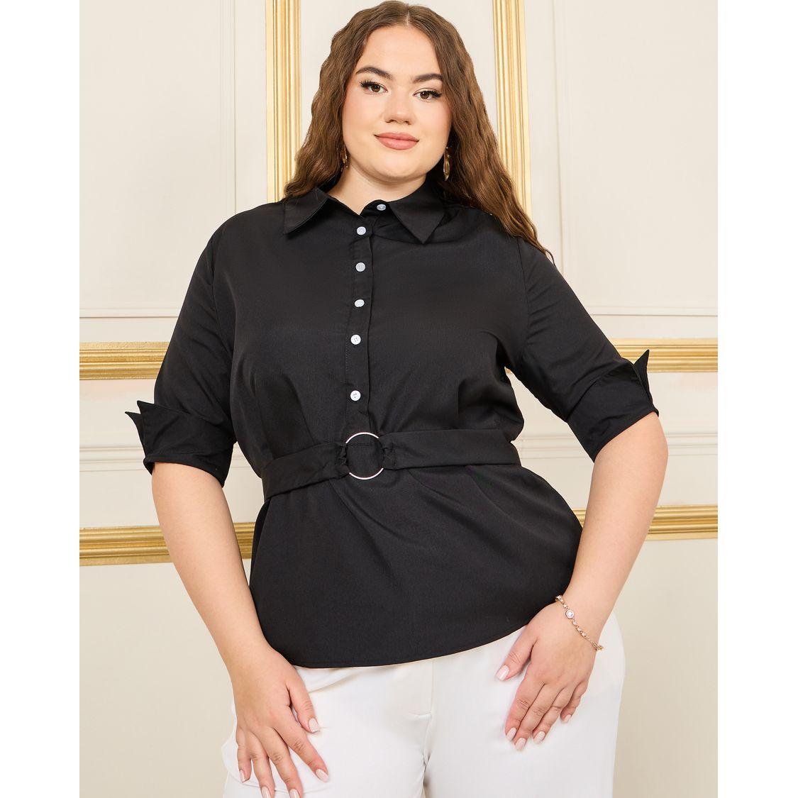 Styli Plus Button Down Ring Buckle Waist Shirt-women-clothing-shirtsandblouses-shirts-image-1