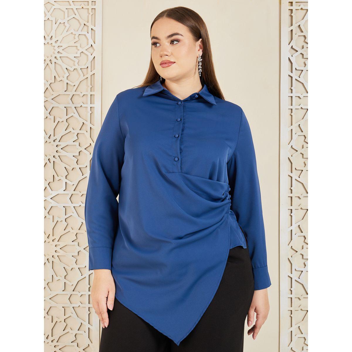 Styli Plus Asymmetric Hem Wrap Button Closure Collared Top-women-clothing-shirtsandblouses-blouses-image-1