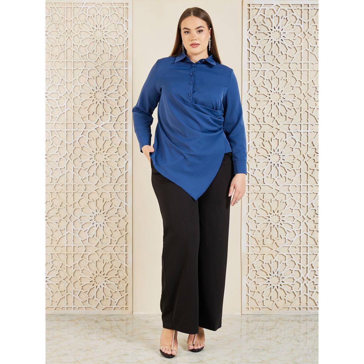 Styli Plus Asymmetric Hem Wrap Button Closure Collared Top-women-clothing-shirtsandblouses-blouses-image-2