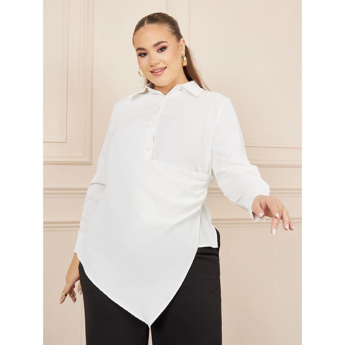 Styli Plus Asymmetric Hem Wrap Button Closure Collared Top-women-clothing-shirtsandblouses-blouses-image-1