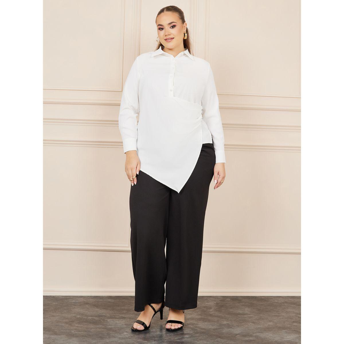 Styli Plus Asymmetric Hem Wrap Button Closure Collared Top-women-clothing-shirtsandblouses-blouses-image-2