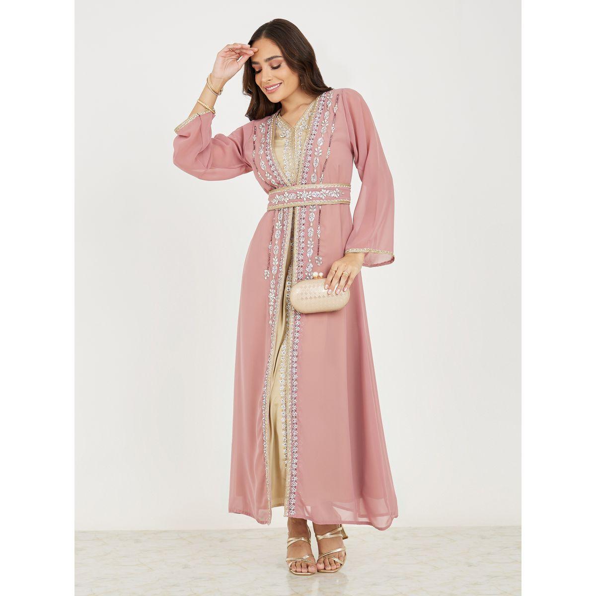 Styli Hand Embroidered Beaded Kaftan & Under Dress Set-women-arabicclothing-kaftan-image-1