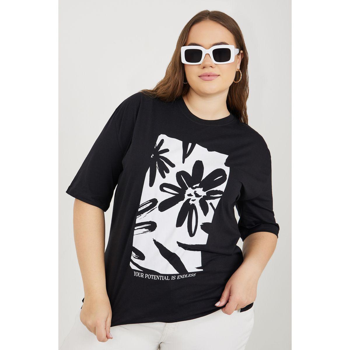 Styli Plus Oversized Floral Print Longline T-shirt with Side Slit-women-clothing-tshirts-image-1