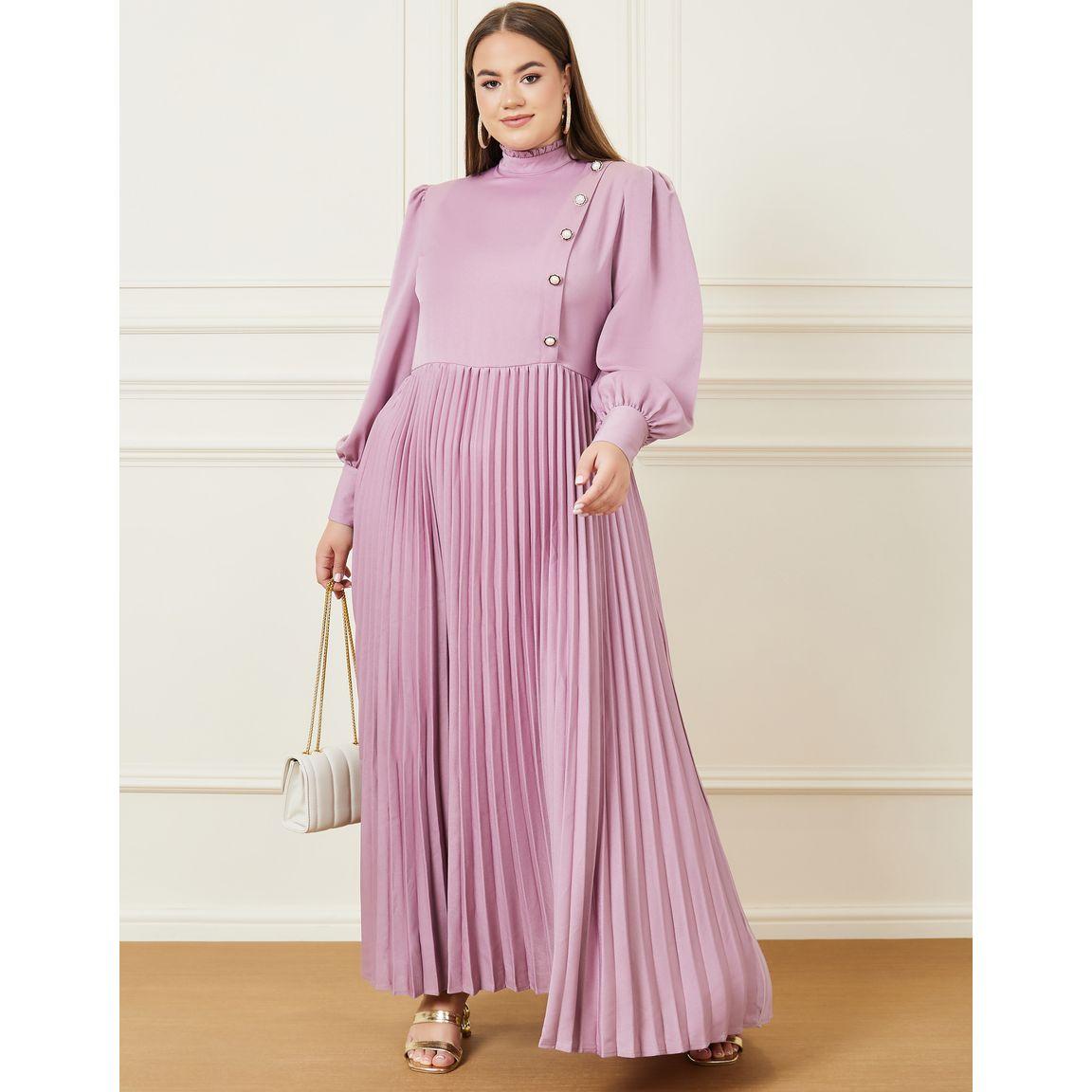 Styli Plus Accordion Pleat Button Detail High Neck A-Line Maxi Dress-women-clothing-dresses-image-1