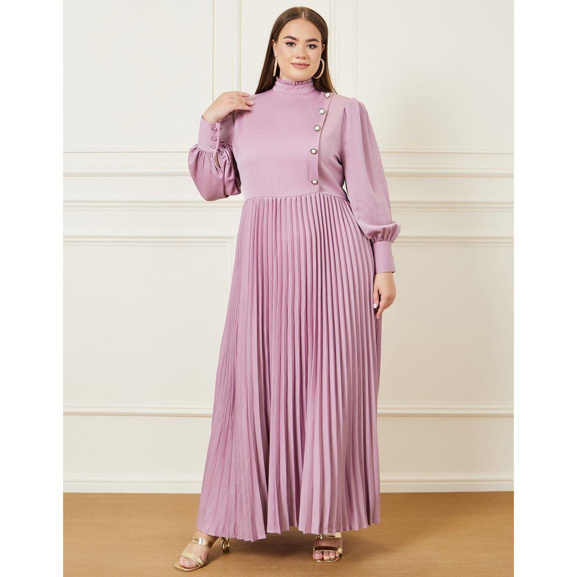 Styli Plus Accordion Pleat Button Detail High Neck A-Line Maxi Dress-women-clothing-dresses-image-2