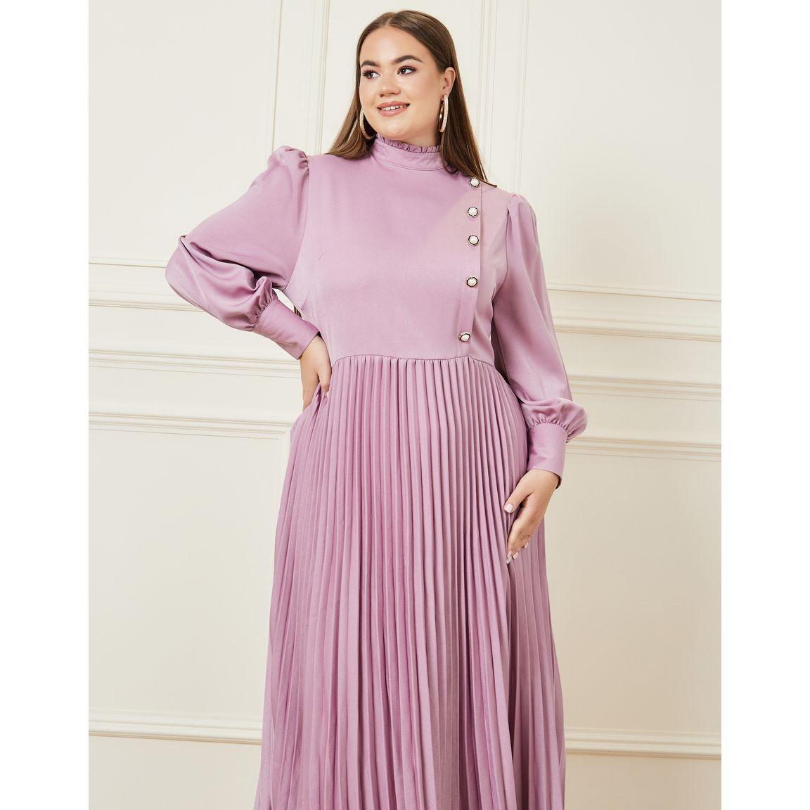 Styli Plus Accordion Pleat Button Detail High Neck A-Line Maxi Dress-women-clothing-dresses-image-3