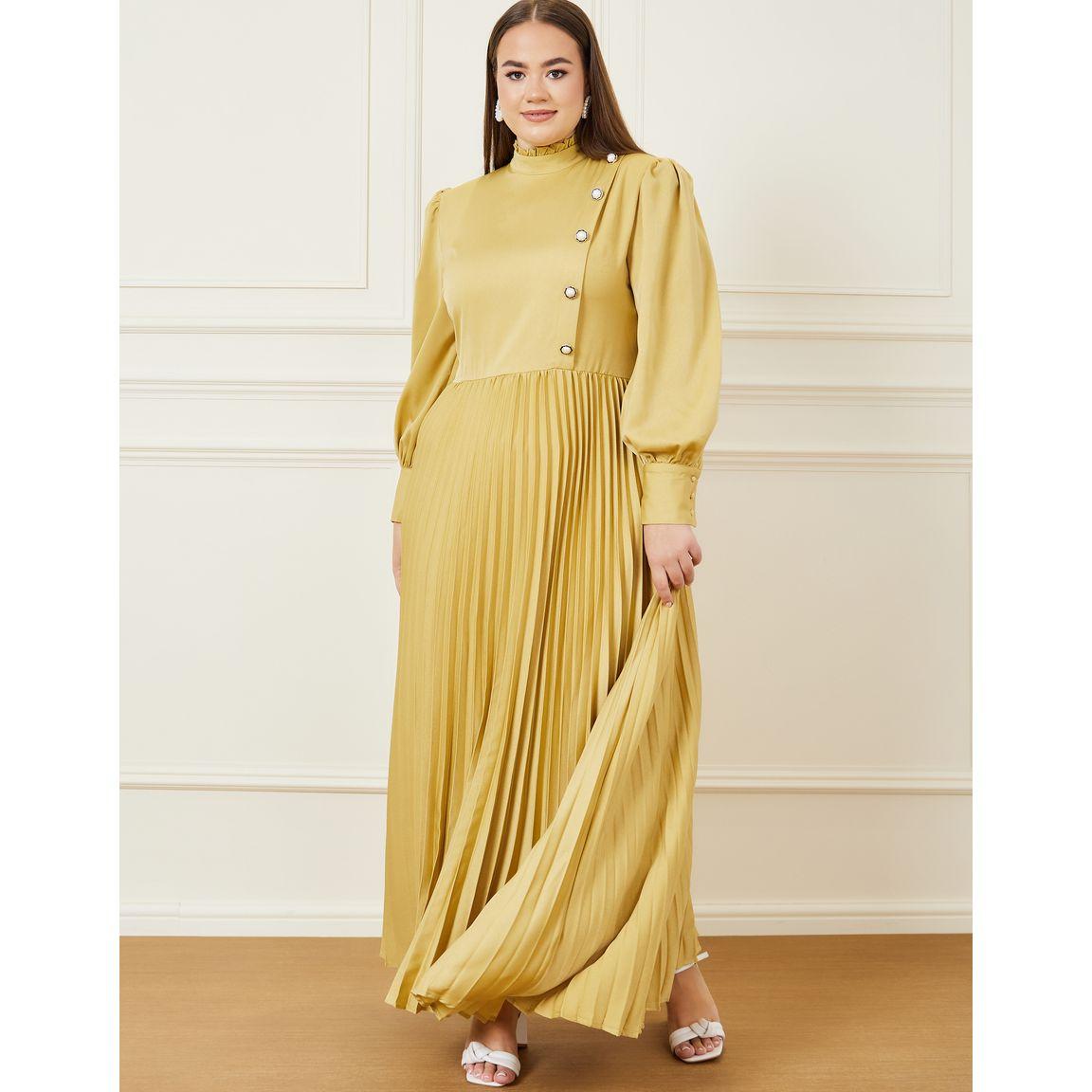 Styli Plus Accordion Pleat Button Detail High Neck A-Line Maxi Dress-women-clothing-dresses-image-2
