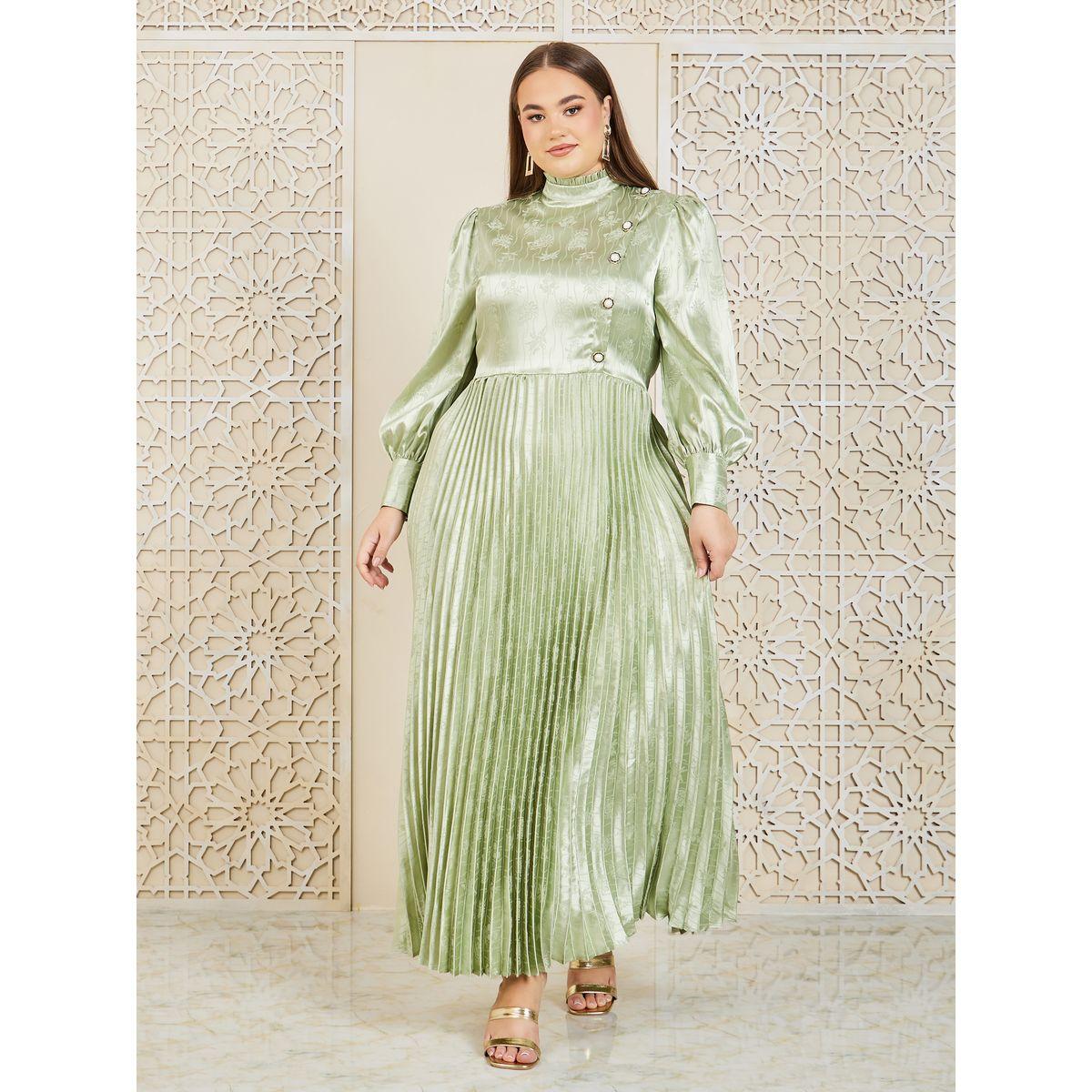 Styli Plus Satin Jacquard Print Accordion Pleats A-Line Maxi Dress-women-clothing-dresses-image-1
