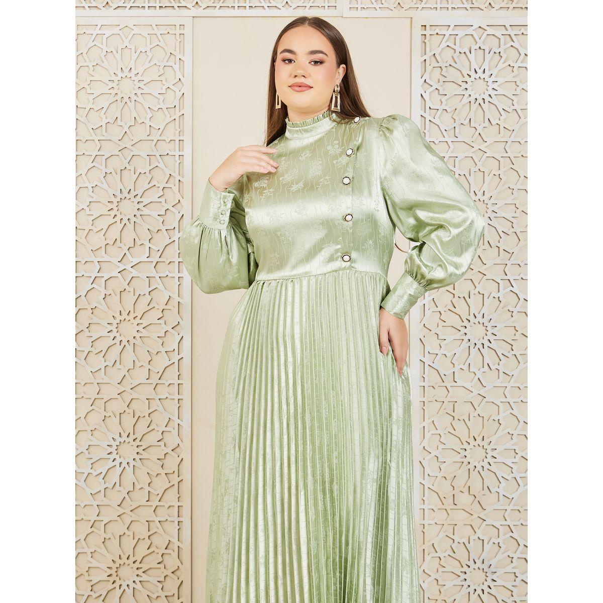 Styli Plus Satin Jacquard Print Accordion Pleats A-Line Maxi Dress-women-clothing-dresses-image-2