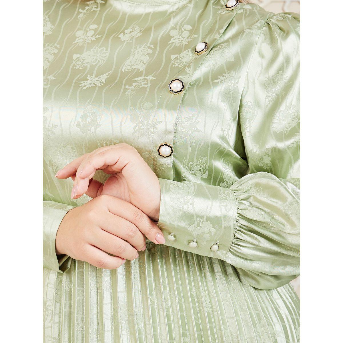 Styli Plus Satin Jacquard Print Accordion Pleats A-Line Maxi Dress-women-clothing-dresses-image-3