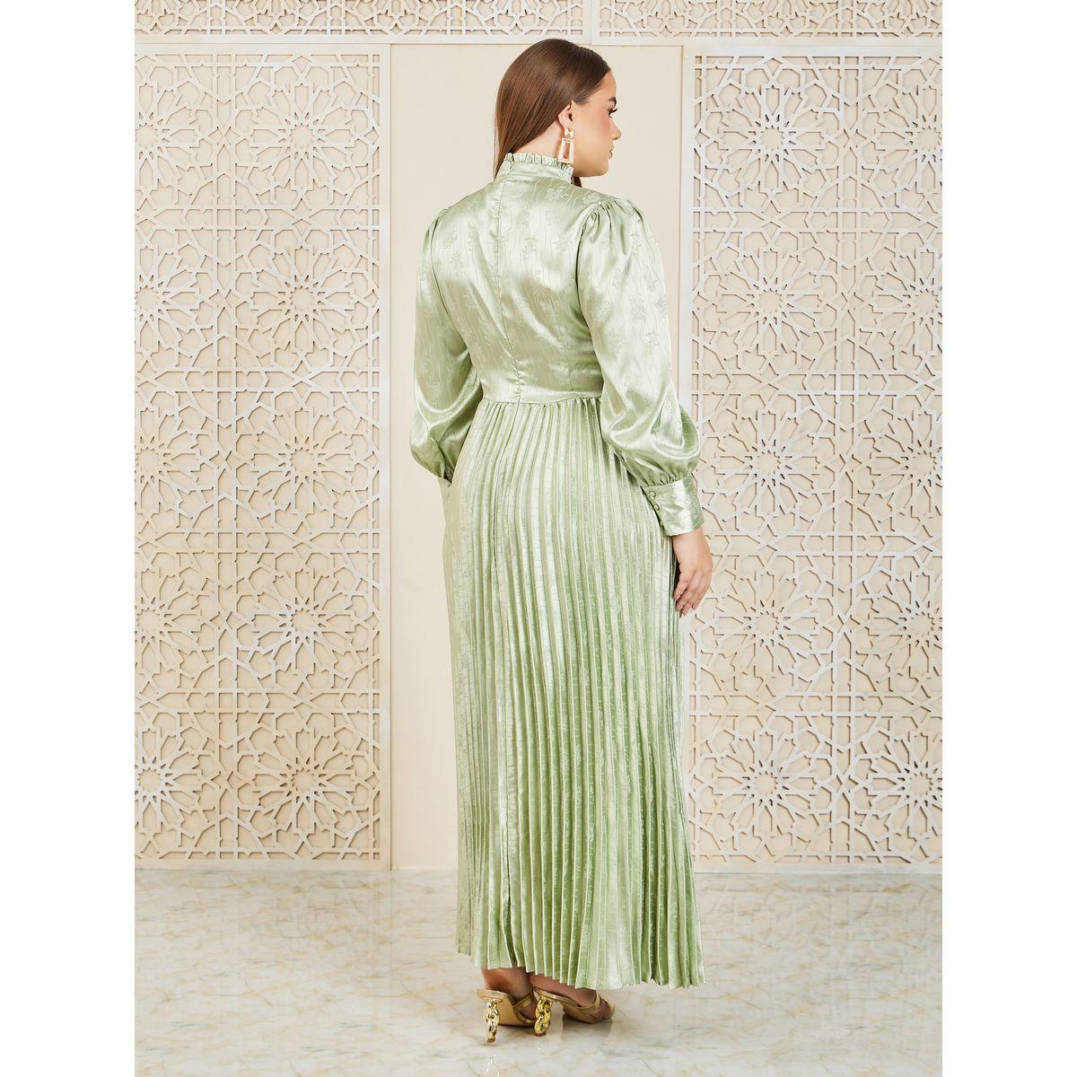 Styli Plus Satin Jacquard Print Accordion Pleats A-Line Maxi Dress-women-clothing-dresses-image-4