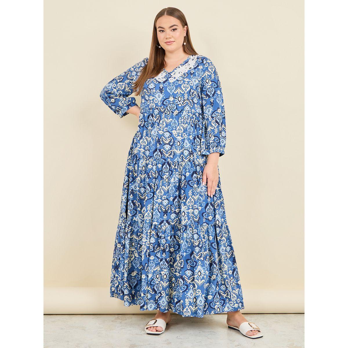 Styli Plus Embroidered Neck Ikat Print Tiered Maxi Dress-women-clothing-dresses-image-1