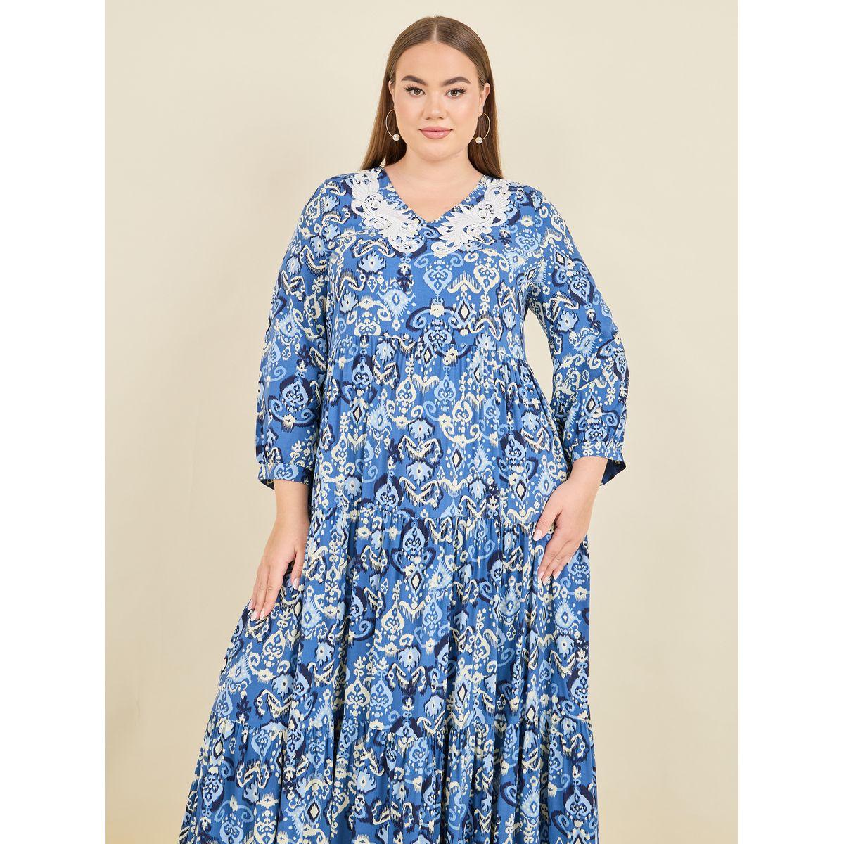 Styli Plus Embroidered Neck Ikat Print Tiered Maxi Dress-women-clothing-dresses-image-2