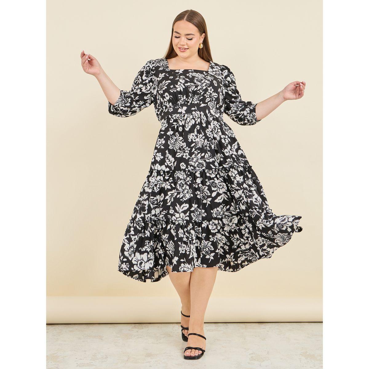 Styli Plus Floral Print Gathered Detail A-Line Midi Dress-women-clothing-dresses-image-1