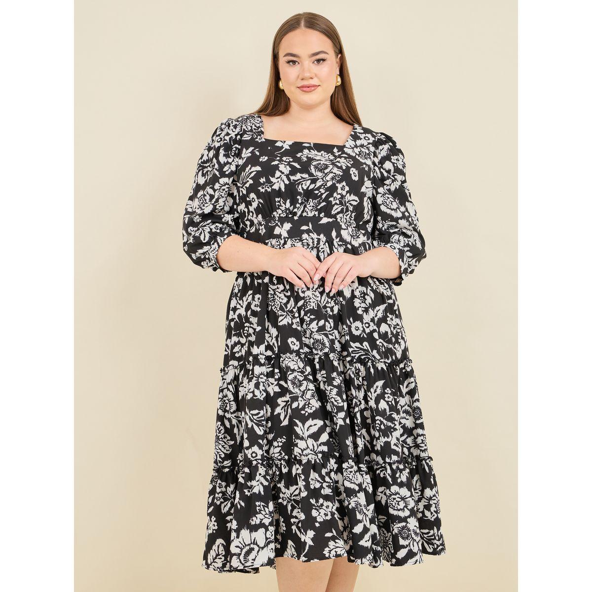 Styli Plus Floral Print Gathered Detail A-Line Midi Dress-women-clothing-dresses-image-2