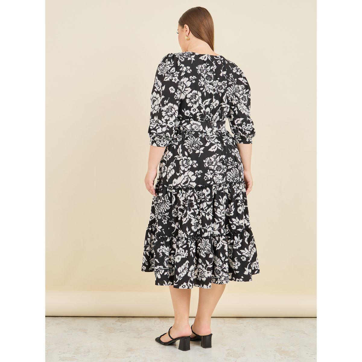 Styli Plus Floral Print Gathered Detail A-Line Midi Dress-women-clothing-dresses-image-4