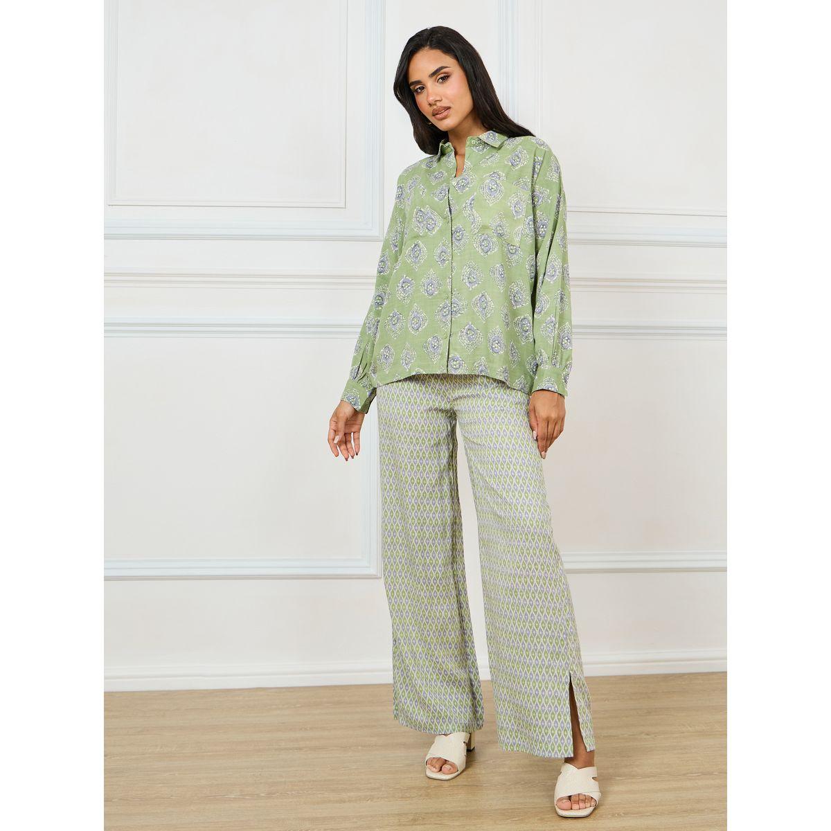 Styli Elevate All Over Print Shirt & Split Detail Pants Set-women-clothing-coordsets-image-2