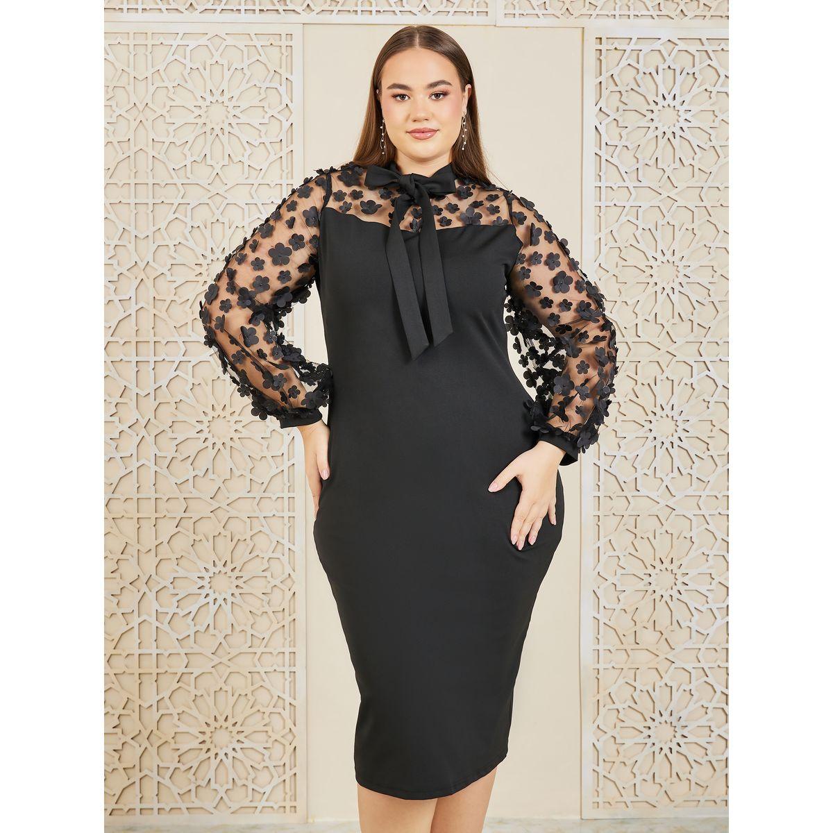 Styli Plus Floral Embroidered Tie Up Neck Bodycon Midi Dress-women-clothing-dresses-image-2
