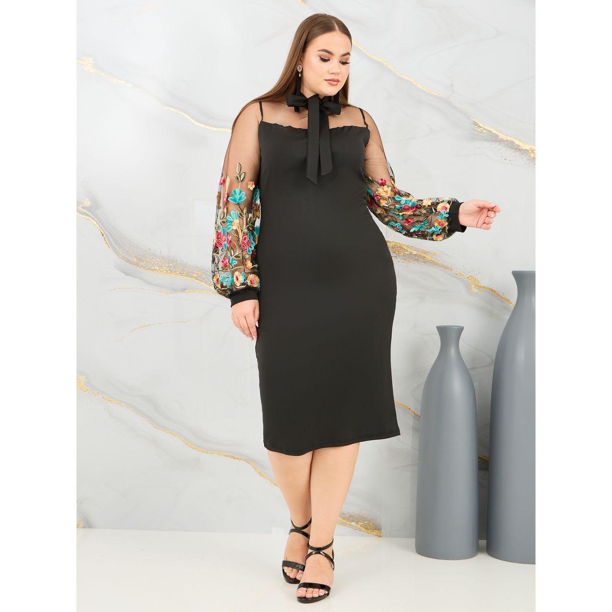 Styli Plus Floral Embroidered Tie Up Neck Bodycon Midi Dress-women-clothing-dresses-image-1
