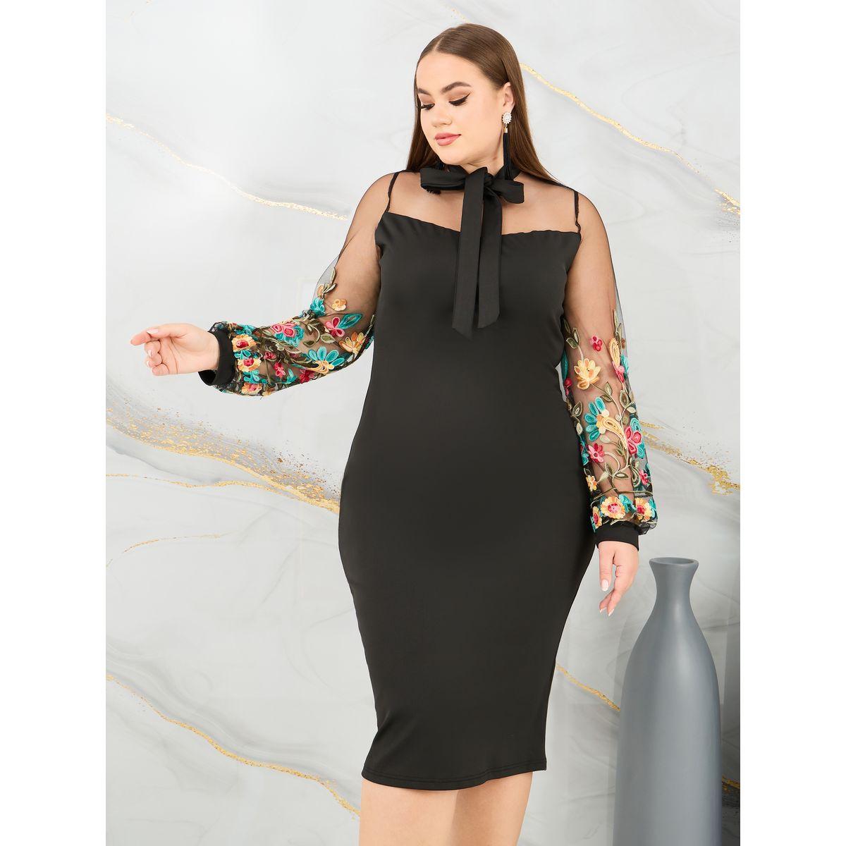 Styli Plus Floral Embroidered Tie Up Neck Bodycon Midi Dress-women-clothing-dresses-image-2