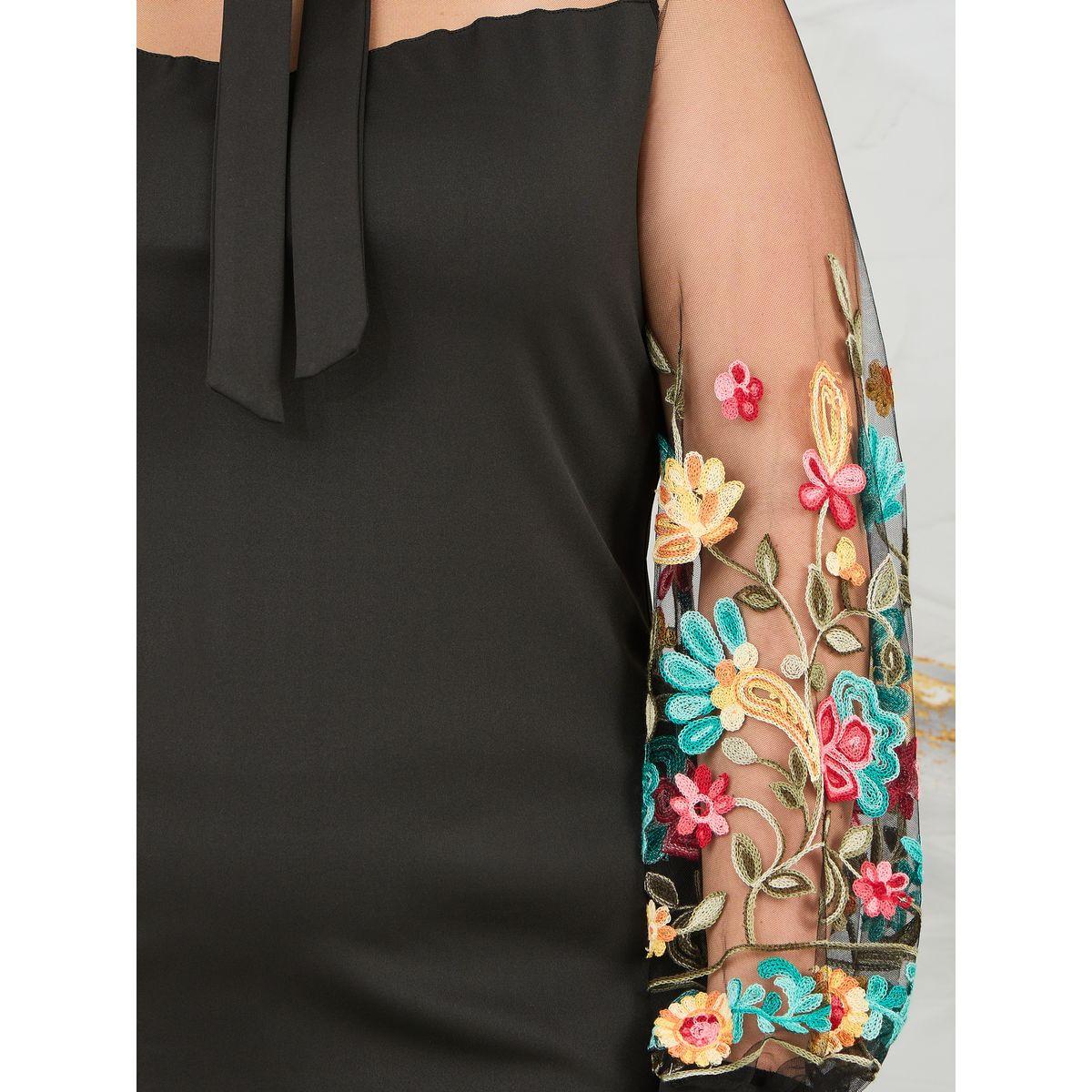 Styli Plus Floral Embroidered Tie Up Neck Bodycon Midi Dress-women-clothing-dresses-image-3