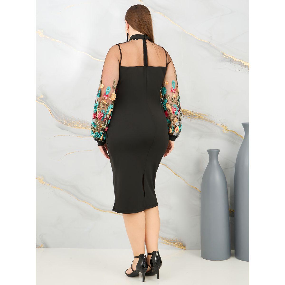 Styli Plus Floral Embroidered Tie Up Neck Bodycon Midi Dress-women-clothing-dresses-image-4