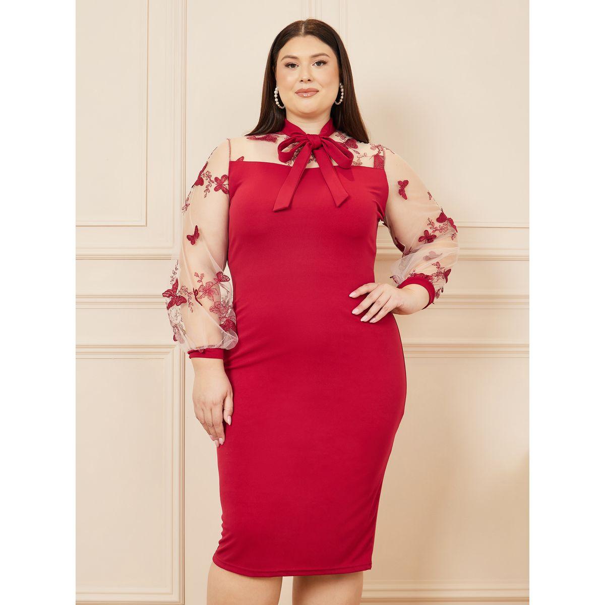 Styli Plus Butterfly Embroidered Tie Up Neck Bodycon Midi Dress-women-clothing-dresses-image-1