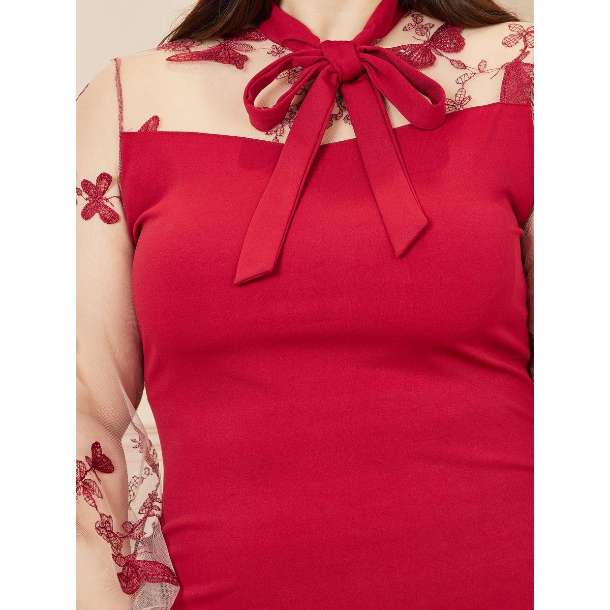 Styli Plus Butterfly Embroidered Tie Up Neck Bodycon Midi Dress-women-clothing-dresses-image-3