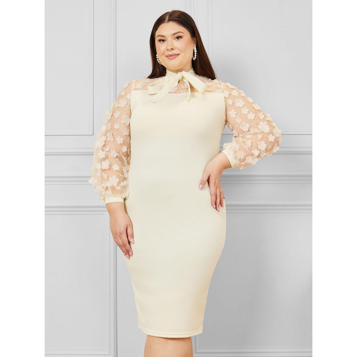 Styli Plus Floral Embroidered Tie Up Neck Bodycon Midi Dress-women-clothing-dresses-image-1